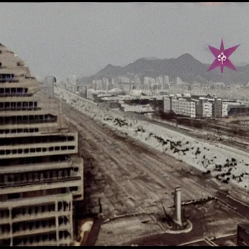 Image similar to a film still of a north korean monster movie, film noir, video compression, ripple effect