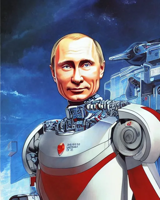 Image similar to portrait of vladimir putin as a robot, cybernetic enhancements, art by makoto shinkai and alan bean, yukito kishiro