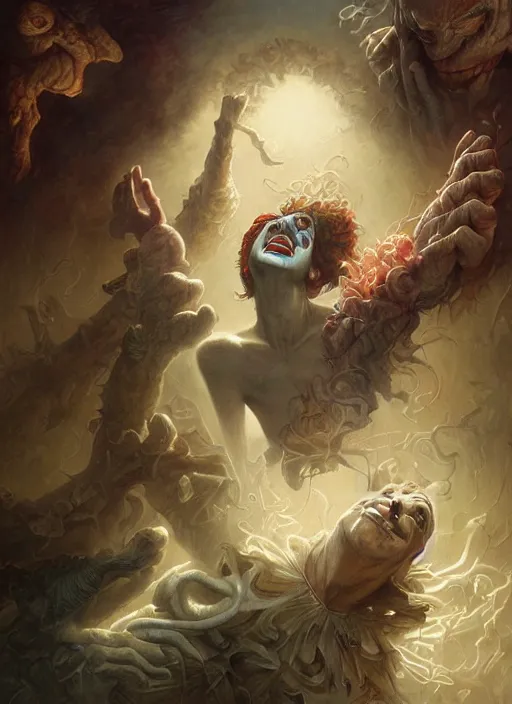 Image similar to too friendly clown, centered, digital painting, smooth, sharp focus, illustration, artgerm, tomasz alen kopera, peter mohrbacher, donato giancola, joseph christian leyendecker, wlop, frank frazetta