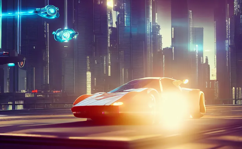 Prompt: photorealistic Hovering Cars on cyberpunk roads. daylight. sunlight. lens flare. light fixtures. 8K. detailed. photorealism. artstation. 25mm f/1.7 ASPH Lens. ultra realistic