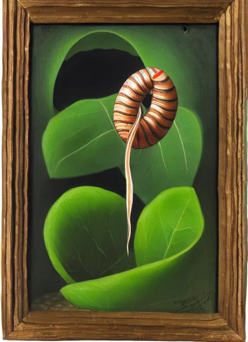 Prompt: Oil painting - a regular earthworm with a tiny little crown peeking out form a hole, Masterpiece, Wolfgang Lettl highly detailed, hints of Yayoi Kasuma