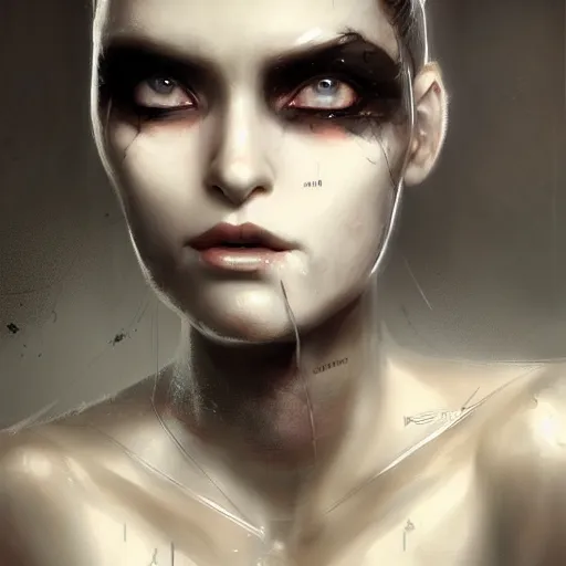 Prompt: a woman with white and black makeup and mechanical parts on her face, cyberpunk art by bastien lecouffe - deharme, trending on cgsociety, fantasy art, artstation hd, artstation hq, zbrush,