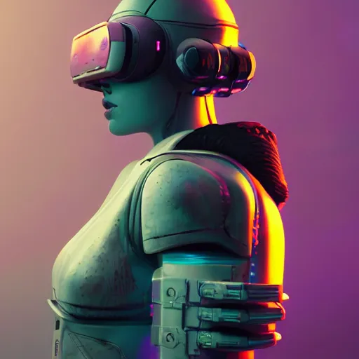 Image similar to cyberpunk concept cool warrior girl bot, cinema 4 d, galaxy, ufo, space sci - fi, wearing vr goggles, illustration, portrait, pastel neon textured background night, trending on artstation, greg rutkowski, octane rendered, 1 2 k, detailed,