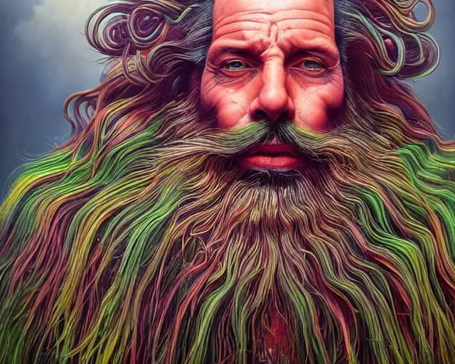 Prompt: hyperrealistic detailed character portrait painting of a man made of green jelly with a long black beard flowing in the wind, vibrant, very colorful, 1980s metal artwork, dystopian feel, heavy metal, in the style of Michael Whelan and Zdzisław Beksiński, hyper detailed, trending on Artstation