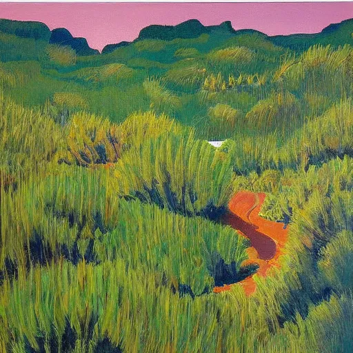 Prompt: painting of a lush natural scene on an alien planet by wayne thiebaud. beautiful landscape. weird vegetation. cliffs and water.