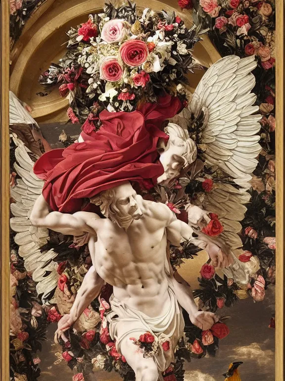 Prompt: a icarus with wings in the form of a Greek sculpture and wreath of flowers, roses in hands, dressed in a flower dress, stands in the pose of a super hero on a golden stone, silk, fabric, birds, flowers. red plastic. baroque elements, human skull. full-length view. baroque element. intricate artwork by caravaggio. many many birds birds on background. Trending on artstation. halo. octane render, cinematic, hyper realism, octane render, 8k, depth of field, bokeh. iridescent accents. vibrant. teal and gold and sakura color scheme