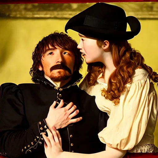 Image similar to Cyrano de Bergerac and Roxanne (Haley Bennet), are looking a teach other hand romantically. dramatic, high contrast, romantic, theatrical, lumnious, cinematic lights, oil canvas by Csók István, Munkácsi and Hollósy Simon