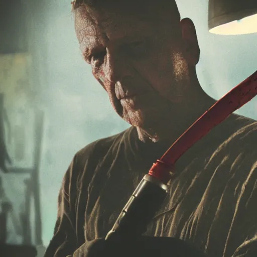 Image similar to weapon made from old egg beater, balding older cyborg repairing, red hot soldering iron, dark messy smoke - filled cluttered workshop, dark, dramatic lighting, orange tint, cinematic, highly detailed, sci - fi, futuristic, movie still from blade runner