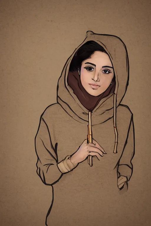 Prompt: short brown hair arab spanish shy young woman in beige hoodie, Diwani calligrapher using bamboo pen, cinematic lighting, hyper-detailed realistic, rule of thirds