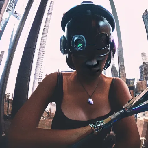 Image similar to gopro pov of a woman warrior wearing intricate scifi cyberpunk helmet