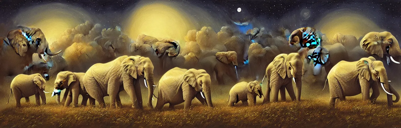 Prompt: two adult elephants and a baby elephants sleeping soundly under a starry sky, small group, surrounded by savannah, illustration, detailed, smooth, soft, warm, by Adolf Lachman, Shaun Tan, Surrealism