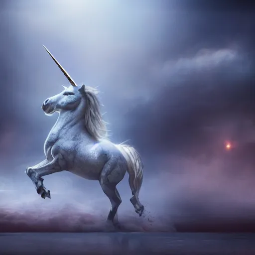 Image similar to full body pose, hyperrealistic photograph of a depressed unicorn, dim volumetric lighting, 8 k, octane beautifully detailed render, extremely hyper detailed, intricate, epic composition, cinematic lighting, masterpiece, trending on artstation, very very detailed, stunning, hdr, smooth, sharp focus, high resolution, award, winning photo, dslr, 5 0 mm