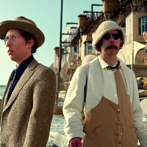 Prompt: a gigantic amoeba looms in the background of a wes anderson film