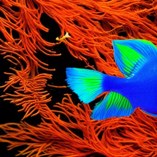 Image similar to a beautiful richly colored beta fish on a black background.