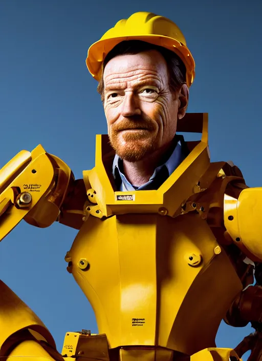 Prompt: closeup portrait of mecha bryan cranston with construction crane arms, yellow hardhat, natural light, bloom, detailed face, magazine, press, photo, steve mccurry, david lazar, canon, nikon, focus