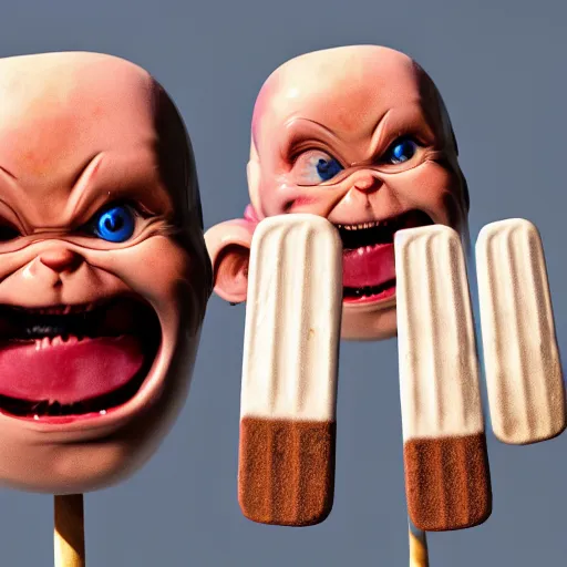 Image similar to ice cream popsicle shaped like screaming chucky doll, octane render, ultrarealistic