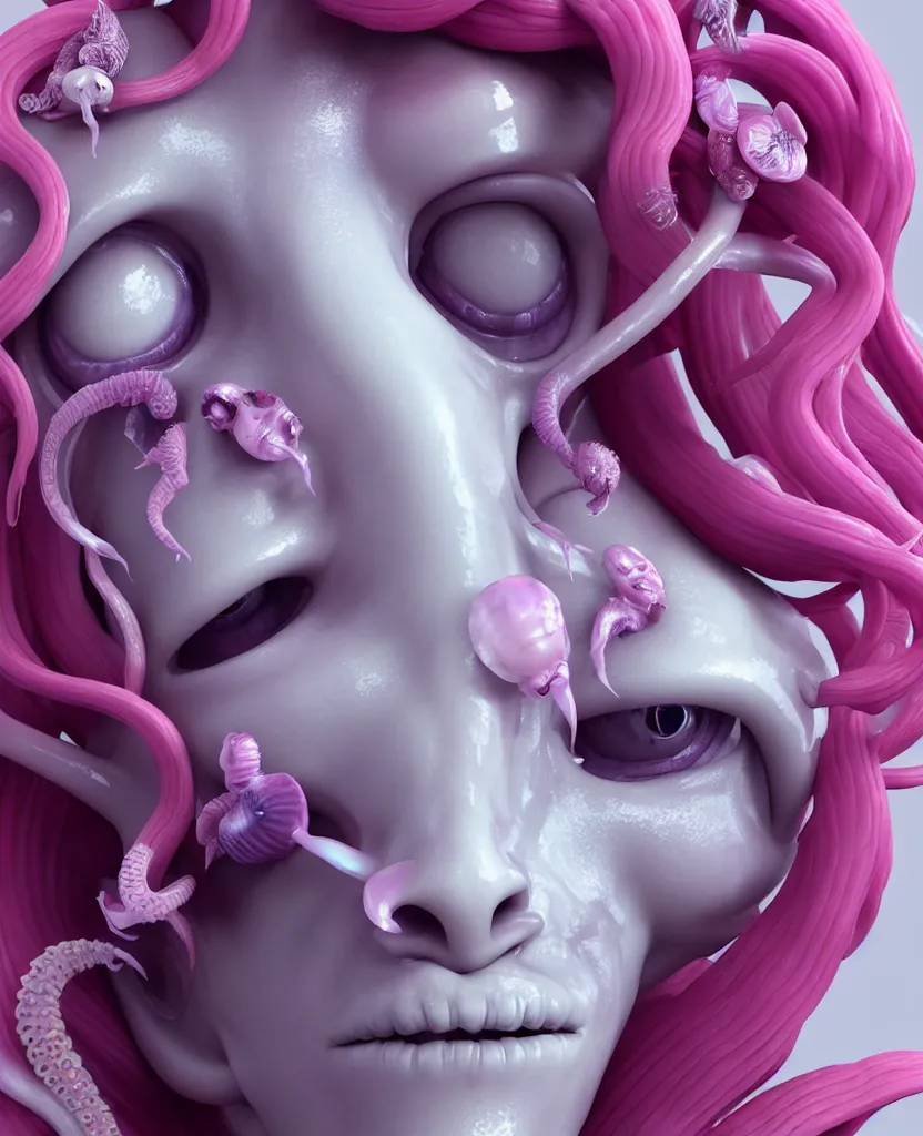 Prompt: goddess princess beautiful face close-up portrait ram skull plasticine sculpture. jellyfish phoenix head, nautilus, orchid, skull, betta fish, bioluminiscent creatures, intricate artwork by Tooth Wu and wlop and beeple. octane render, trending on artstation, greg rutkowski very coherent symmetrical artwork. cinematic, hyper realism, high detail, octane render, 8k