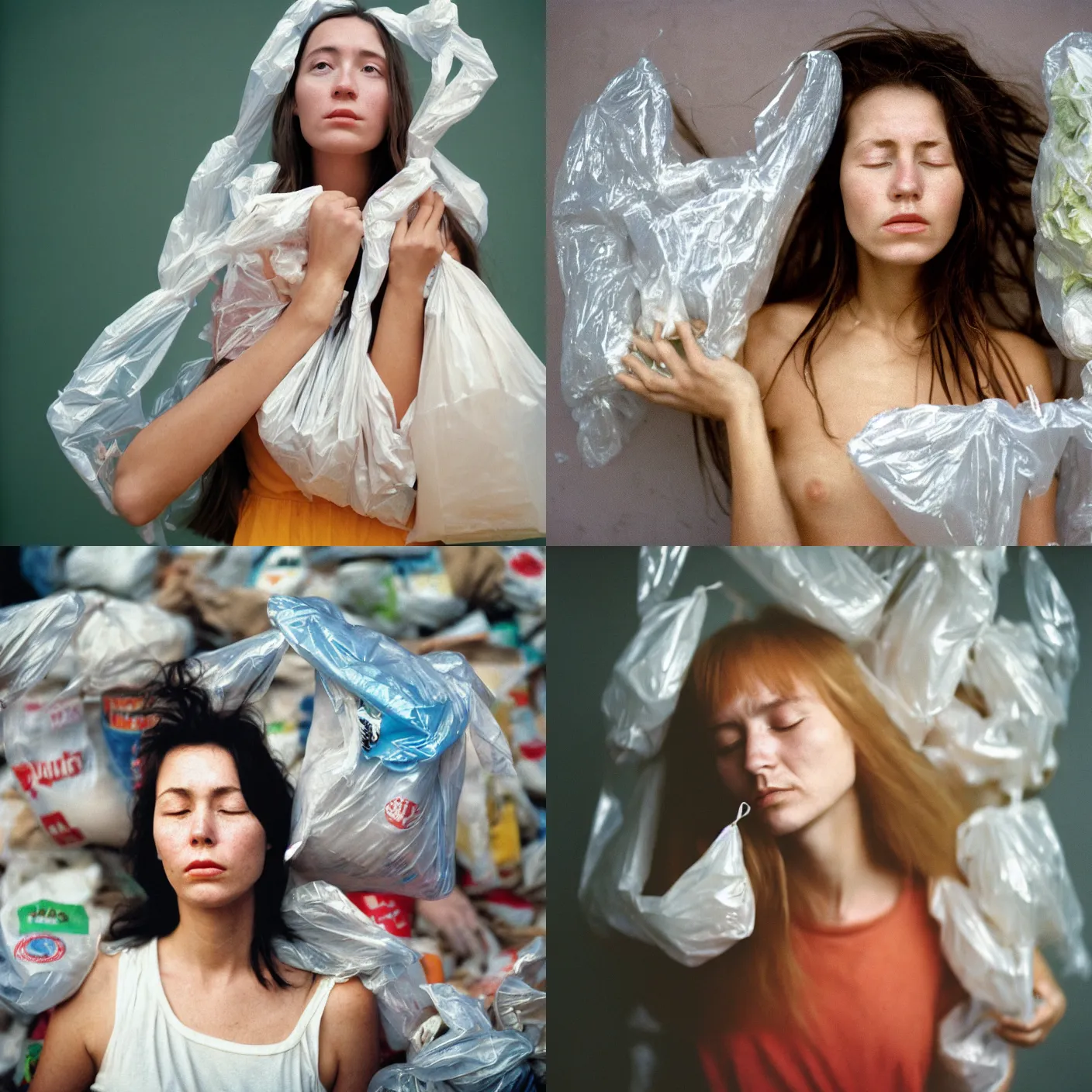 Prompt: head and shoulder 8 5 mm portrait analog photography of a woman surrounded by plastic bags by mark owen. long hair. vogue. closed eyes. kodak portra. depth of field. detailed. hq. realistic. muted colors. mamiya 7 ii, f / 1. 2, symmetrical balance, in - frame