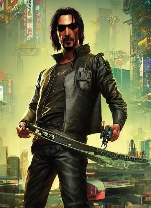 Image similar to wake up samurai, solarpunk, lots of plants, gardening, permaculture, keanu reeves as johnny silverhand, cyberpunk 2 0 7 7, anarchy, realistic, ultra detailed, face enhance