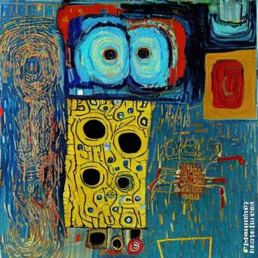 Image similar to artificial intelligence painting by Vincent van Gogh klimt Jean-Michel Basquiat