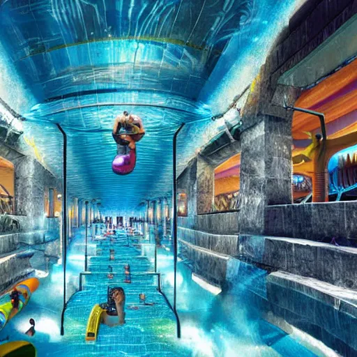 Prompt: cavernous underground waterpark with water slides, digital art, epic composition, highly detailed, cinematic lighting