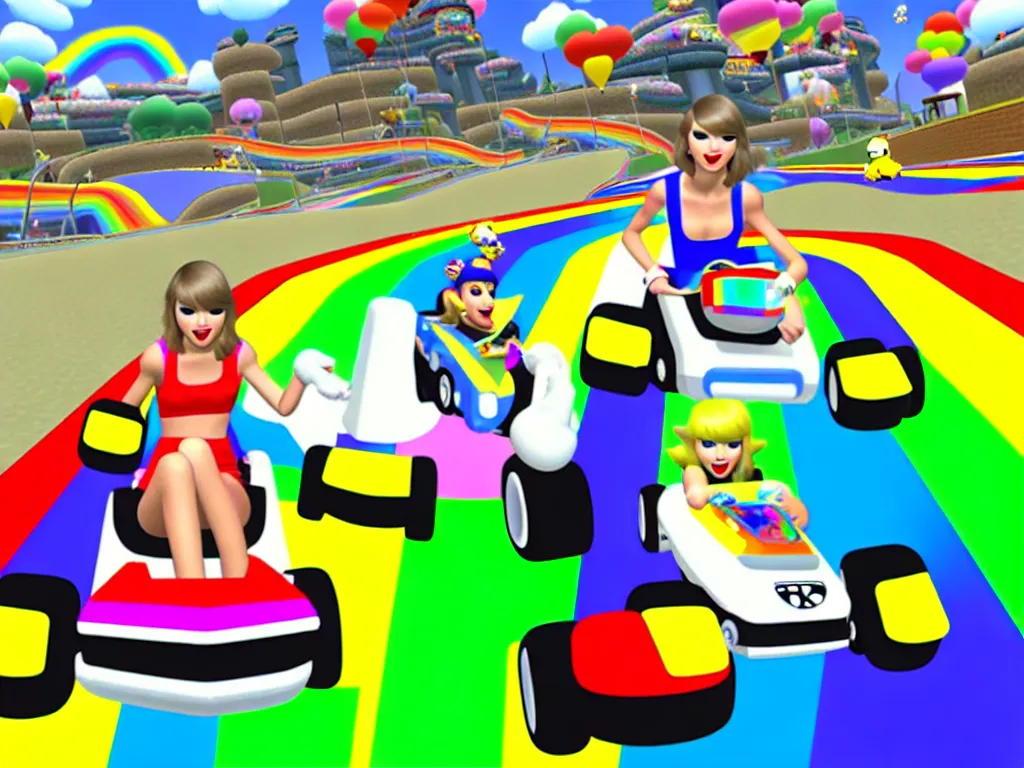 Prompt: taylor swift on rainbow road mario kart wii map retro