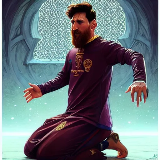 Image similar to lionel messi wearing islamic clothes, doing sujood, d & d, fantasy, intricate, elegant, highly detailed, digital painting, artstation, concept art, matte, sharp focus, illustration, art by artgerm and greg rutkowski and alphonse mucha