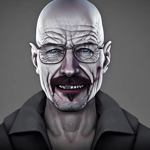 Prompt: walter white as the joker smiling, scary, trending on artstation, artstationhd, octane render, cgsociety, cinema 4 d,, greg rutkowski