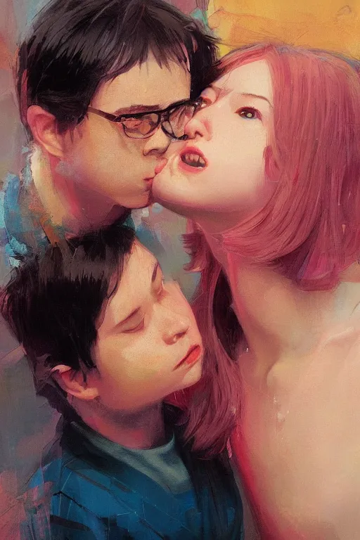 Prompt: a portrait of a young todd solondz, kissing a girl, vivid colors, soft lighting, atmospheric, cinematic, moody, in the style of francis bacon and ilya kuvshinov and range murata, krenz cushart, oil on canvas, 8 k