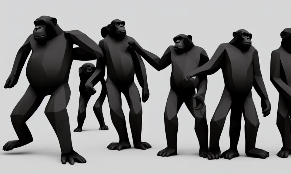 Prompt: Five apes against two millionaires wearing tuxedos. Low Poly.