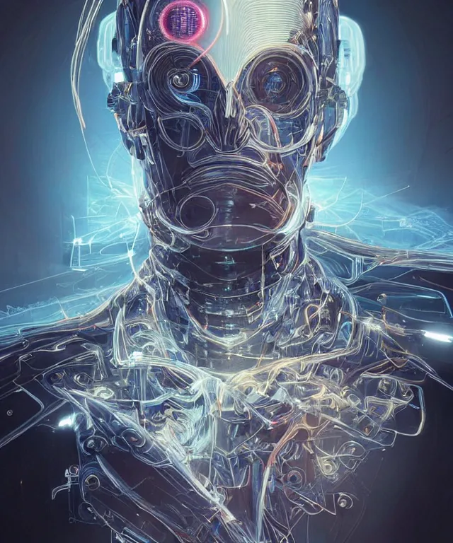 Image similar to a man turning into an Android portrait wearing a part cybernetic body, surrealism , scifi, intricate, elegant, sharp eyebrows, highly detailed cybernetic body, neon glowing eyes, digital painting, artstation, concept art, smooth, sharp focus, illustration, art by Artgerm and moebius and Peter Mohrbacher