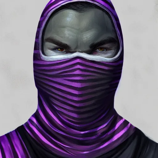 Image similar to ultra realistic illustration, man in a black hood, in a striped purple balaclava, mysterious, highly detailed, digital painting, artstation, concept art, smooth, sharp focus, illustration