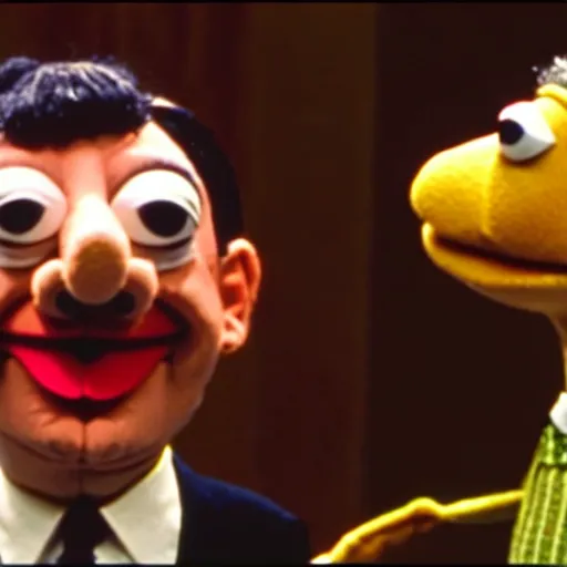 Prompt: mr. bean as a muppet from the muppet show. movie still. cinematic lighting.
