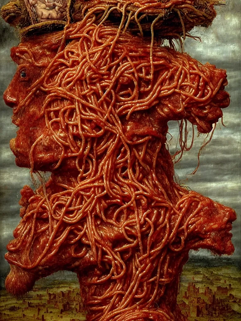 Image similar to a boy made of spaghetti and tomato sauce, sitting on top of a horse made of meat, by giuseppe arcimboldo and ambrosius benson, renaissance, intricate and intense oil paint, a touch of beksinski and hr giger and edward munch, realistic