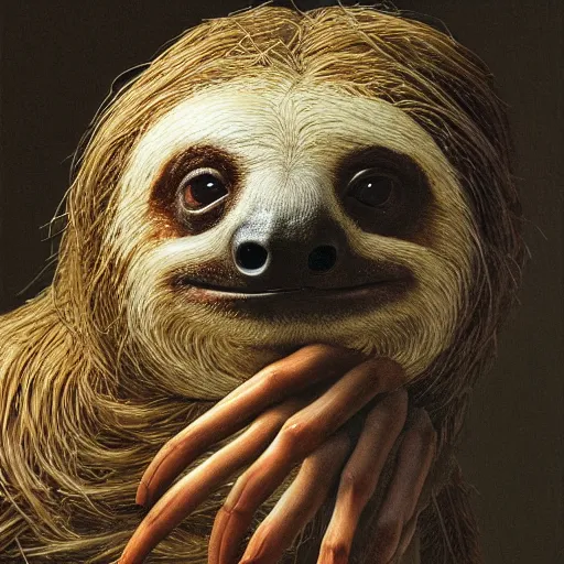 Prompt: Portrait of a sloth with translucent skin, visible muscles and veins and arteries and bones and spines and nerves, beautiful detailed intricate insanely detailed octane render, 8k artistic photography, photorealistic, chiaroscuro, by David Cronenberg, Raphael, Caravaggio