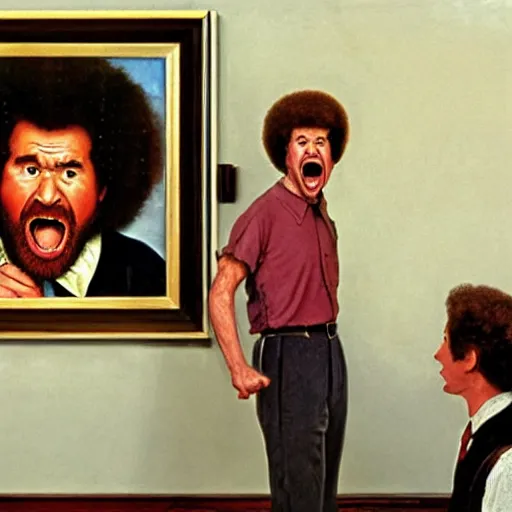 Image similar to bob ross screaming at his painting by norman rockwell