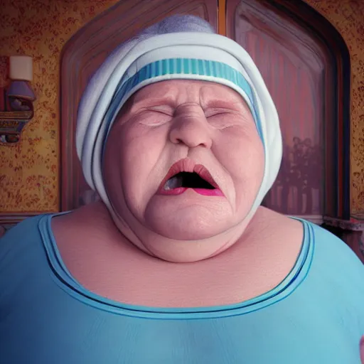 Image similar to of a very funny scene. ambient occlusion render. a sweet fat old woman is in kissing her huge belly. flowery dress. mirror. symmetrical face, red mouth, blue eyes. deep focus, lovely scene. ambient occlusion render. concept art. unreal engine.