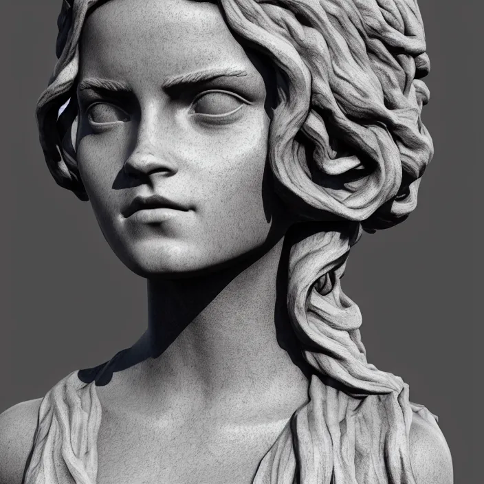 Prompt: stoic statue of emma watson, vaporwave, aesthetic, naturel, symmetrical face, hyper detailed, digital sculpture, trending in artstation, cinematic lighting, studio quality, smooth render, unreal engine 5 rendered, octane rendered