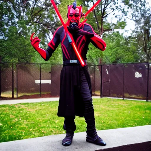 Prompt: Darth Maul watching his kids play at the park