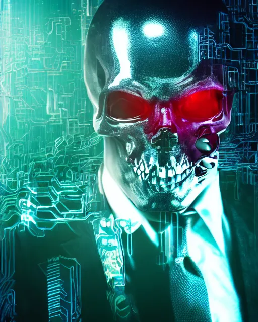 Image similar to dramatic cyberpunk portrait of a metallic skull in a suit, crystalline, red glow, green glow, blue glow, atmospheric haze, intense shading, optic ripple, backlit, bokeh, centered