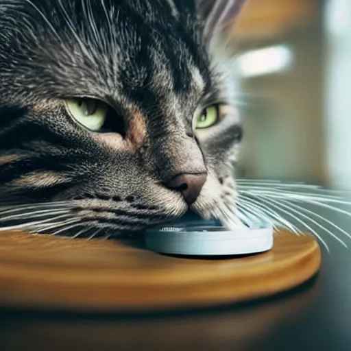 Prompt: a realistic cat pounding it's paw on the table facing a camera lens