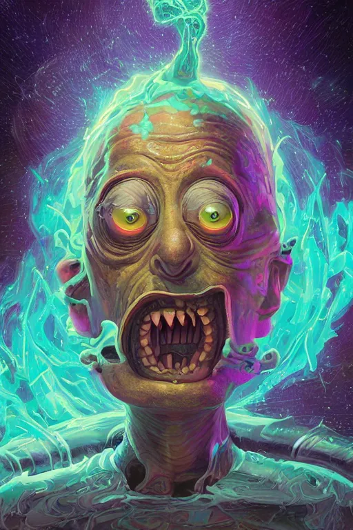 Prompt: rick and morty fused with lovecraft and the blob, high details, intricate details, by vincent di fate, artgerm julie bell beeple, 90s, Smooth gradients, octane render, 8k, volumetric lightning, High contrast, depth of field, very coherent symmetrical artwork