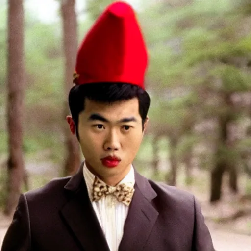 Image similar to a film still of a asian young man wearing a red blouse with a black oval hat in Twin Peaks(1990)