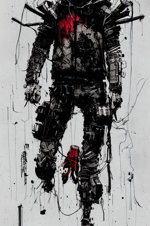 Image similar to skull, creative design, cyberpunk, techwear, full body portrait, character design, by Ashley Wood and Jamie Hewlett