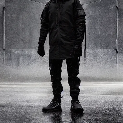 Prompt: A broad shouldered, muscular man in a Acronym Riot Division Nike techwear outfit, wearing black Acronym P31-ds pants, beige-earth Parka jacket, trending on r/techwearclothing, high quality, digital art, dirty cyberpunk city, rain, greg rutkowski