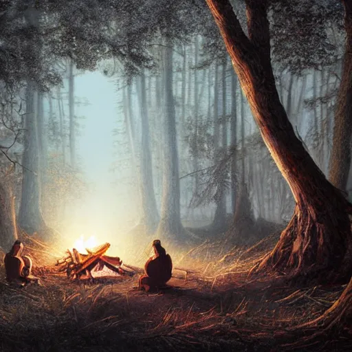 Prompt: a hyper realistic digital painting of a haunted forest with a campfire, a knight is sitting by thatcampfire, full of details, intricate, night time, volumetric light, full moon, moonglow, dark fantasy, horror, in the style of greg rutkowski