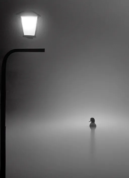 Image similar to close - up of a lonely duck under a street light, fog, still from a movie by bong joon - ho