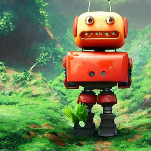 Image similar to cute little robot made of vegetables, tomato head and a carrot sword, made in abyss style standing on a forest