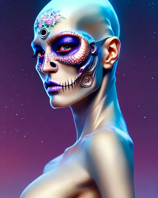 Prompt: ultra detailed beautiful female android, side portrait, sharp focus, sci - fi, fantasy art, highly detailed vfx portrait, geometric polygons!, global illumination, detailed and intricate environment by moebius, james jean, liam brazier, victo ngai and tristan eaton and wlop, digital illustration, concept art, dia de los muertos. 8 k, hdr