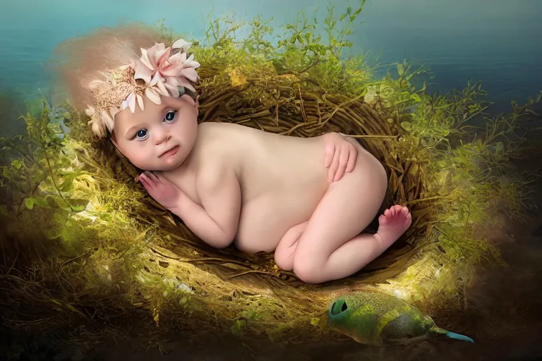 Prompt: a baby mermaid laying in a nest under the ocean, photography, concept art, digital art, trending on artstation, 4 k, extremely detailed, realistic, photorealistic, anne geddes